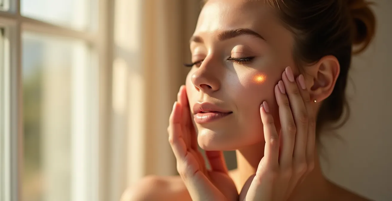 Model performing facial massage for natural glow