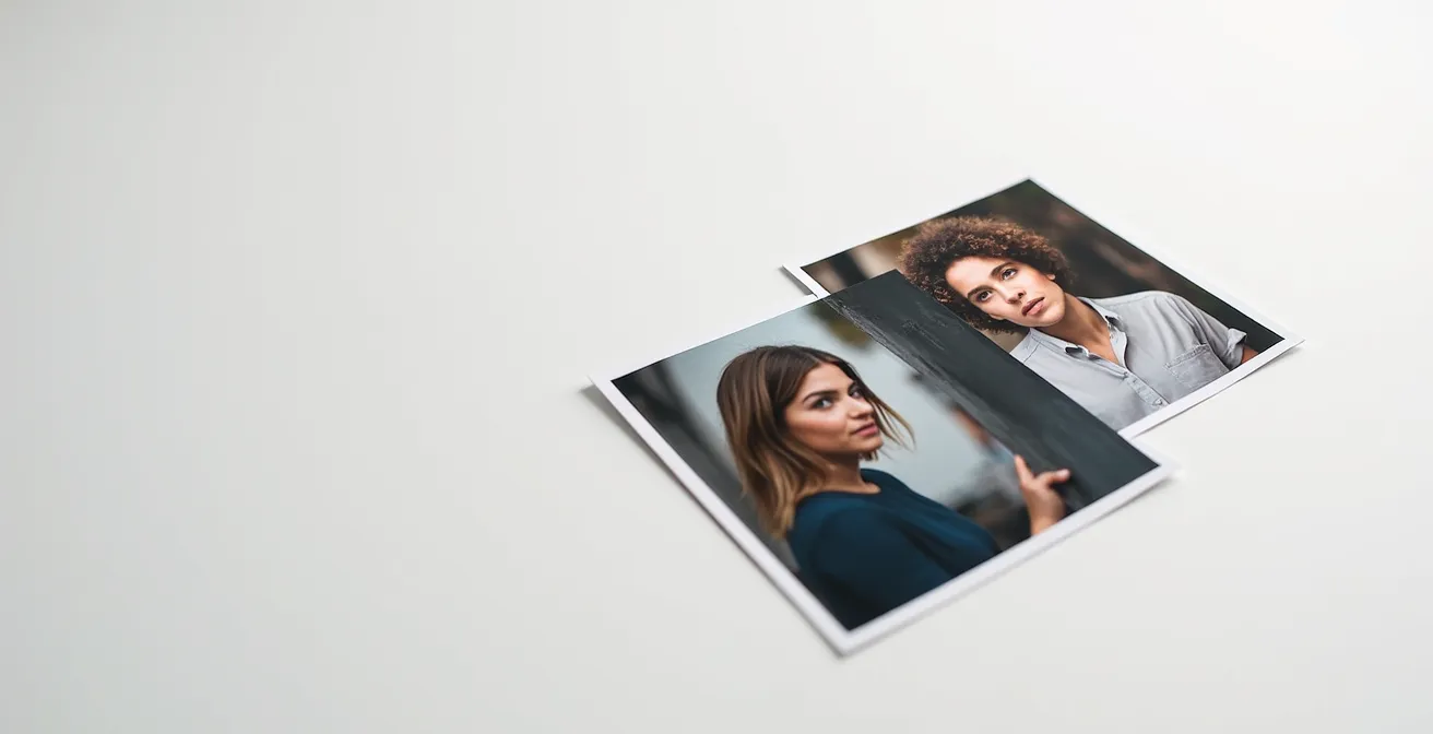 Three professional headshot prints arranged on a clean surface showing different styles