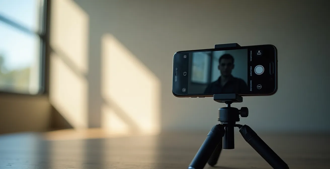 Model taking digitals with smartphone on tripod by window light