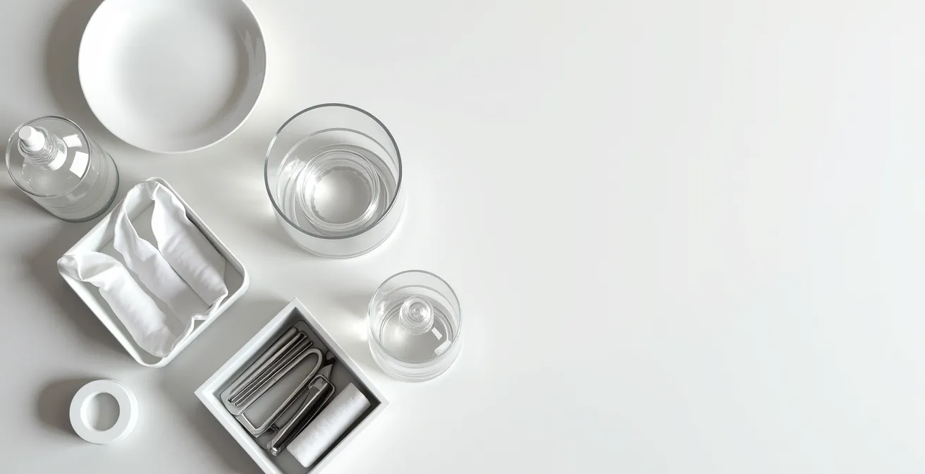 Professional makeup artist's sanitation station with disposable tools and alcohol spray