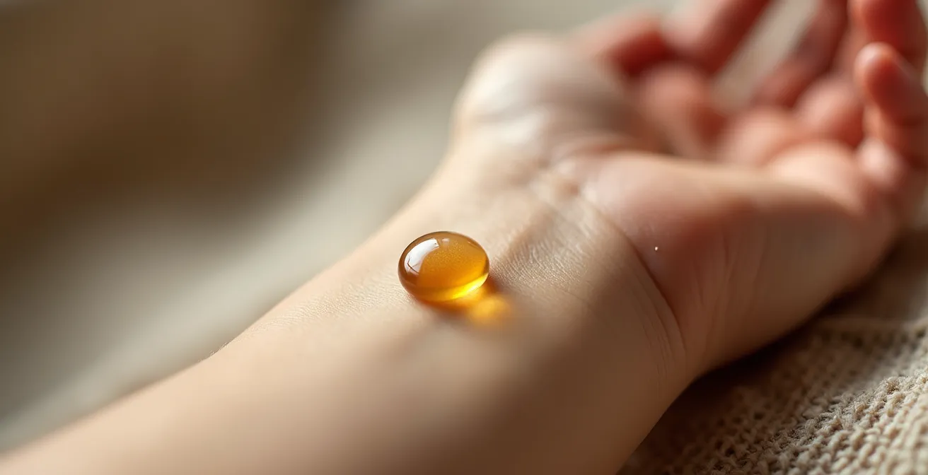 Close-up of model's wrist with essential oil drop for sensory anchoring