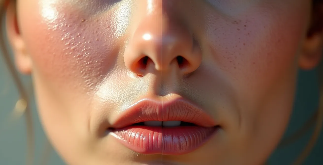 Macro close-up of skin showing preserved texture detail versus over-smoothed retouching
