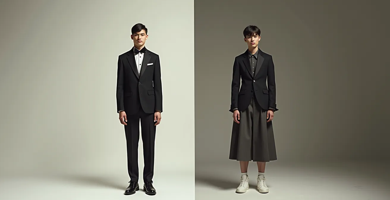 Split composition showing symmetrical luxury pose versus dynamic asymmetrical streetwear pose